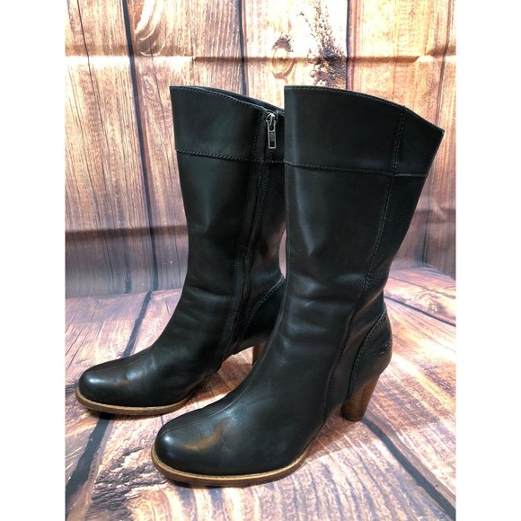 UGG Stella Black Leather Mid Calf Zip Up Stacked Heel Boots Womens 8.5 (w7e) - Picture 1 of 10